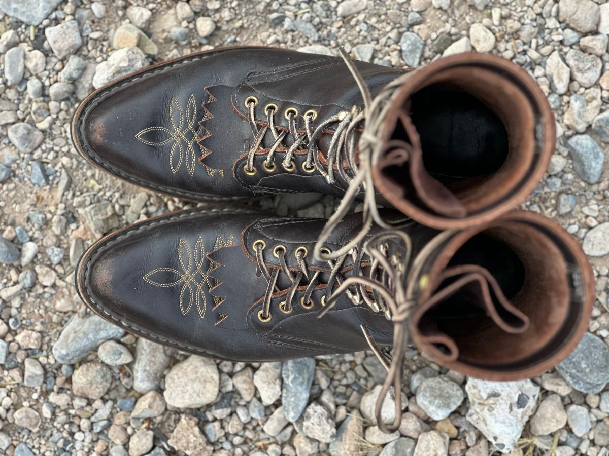 Photo by jayandhisboots on January 3, 2025 of the White's Packer Pointed Toe in Seidel Brown Dress.
