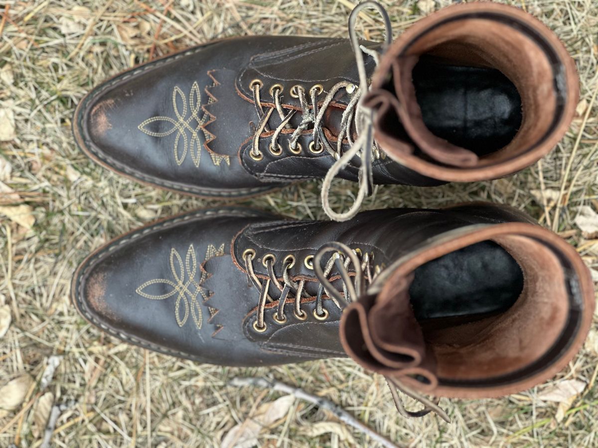 Photo by jayandhisboots on February 2, 2025 of the White's Packer Pointed Toe in Seidel Brown Dress.
