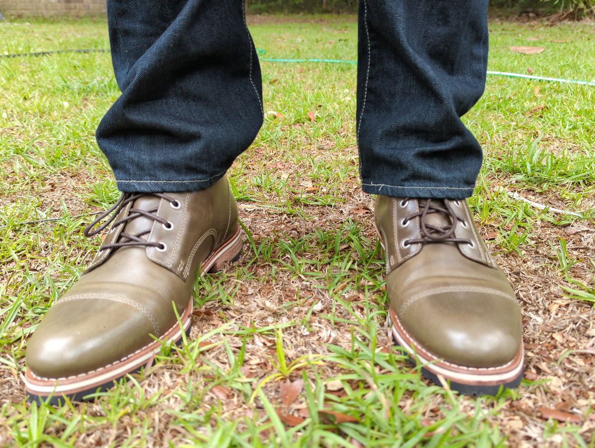 Photo by abrinson on June 5, 2022 of the HELM Boots The Hollis in Horween Olive Chromexcel.