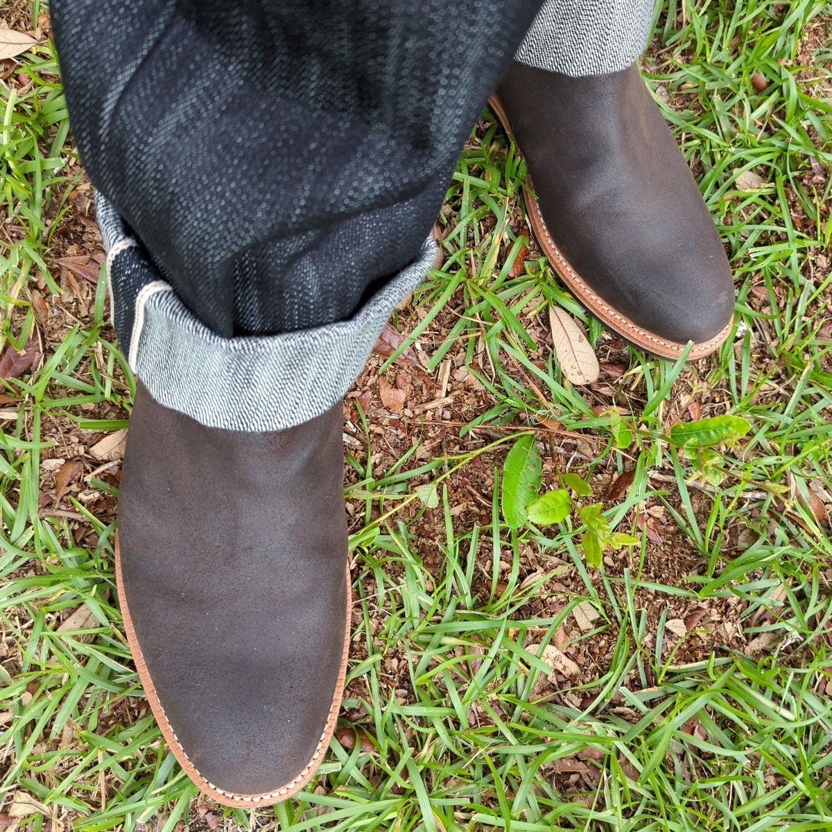 Photo by abrinson on June 30, 2022 of the Grant Stone Chelsea Boot in C.F. Stead Earth Waxy Commander Suede.