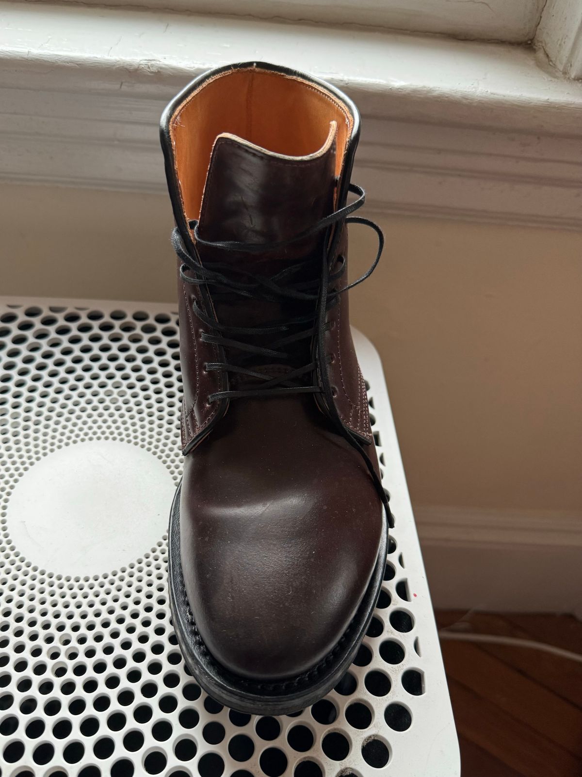 Photo by neerja27 on December 5, 2023 of the Viberg Unknown Model in Horween Color 8 Shell Cordovan.