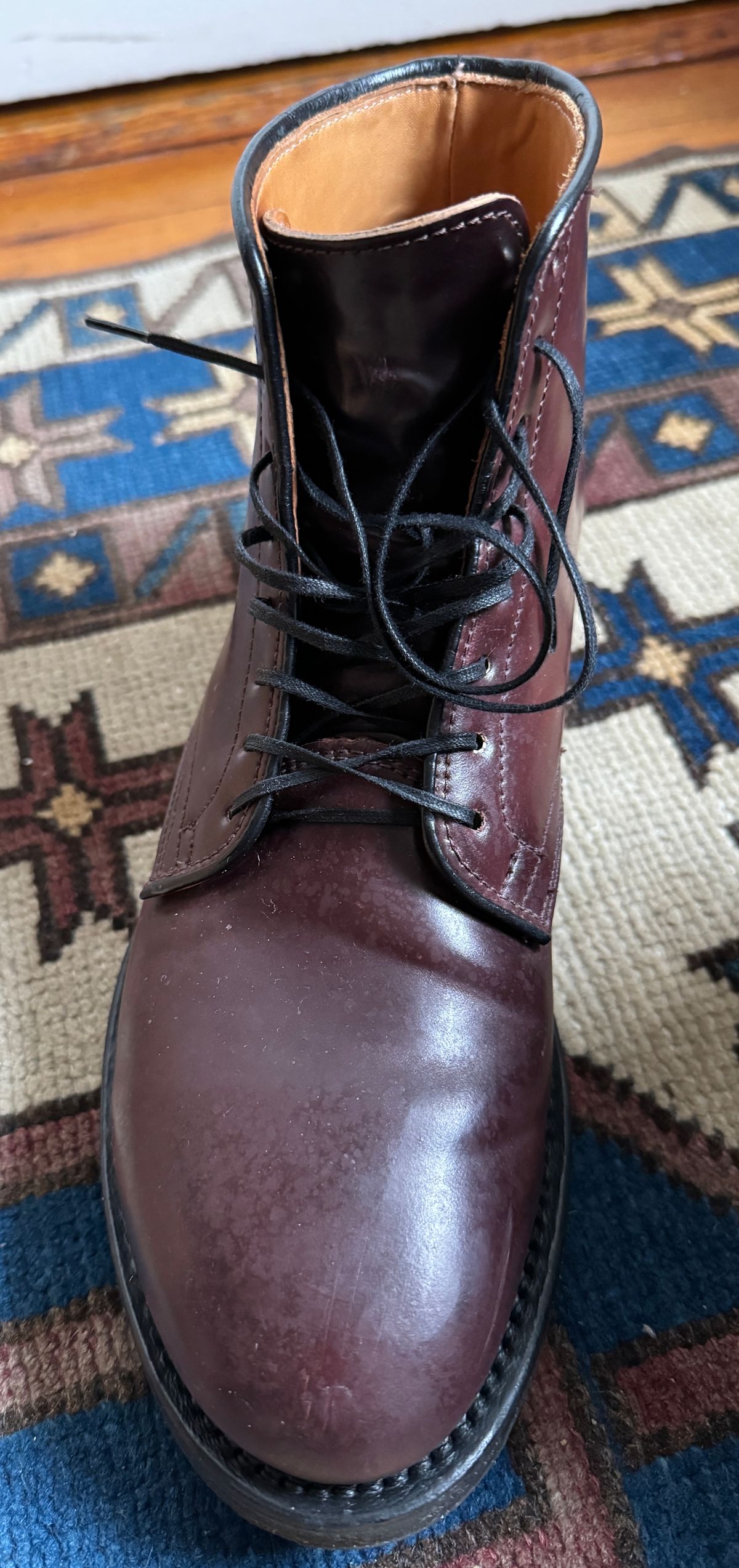 Photo by neerja27 on February 5, 2024 of the Viberg Unknown Model in Horween Color 8 Shell Cordovan.