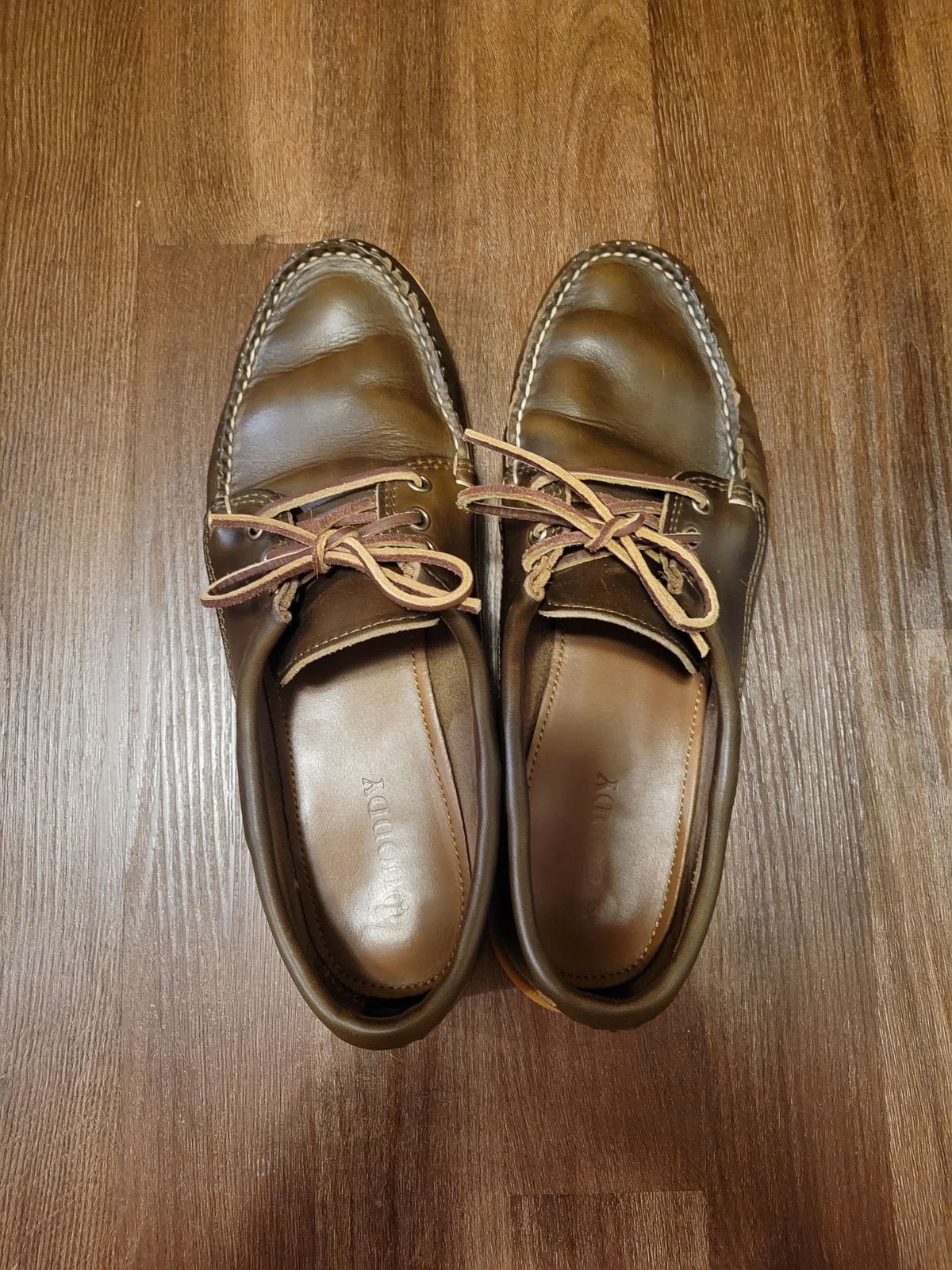 Photo by MagicBeardMan86 on November 4, 2023 of the Quoddy Blucher in Horween Olive Chromexcel.