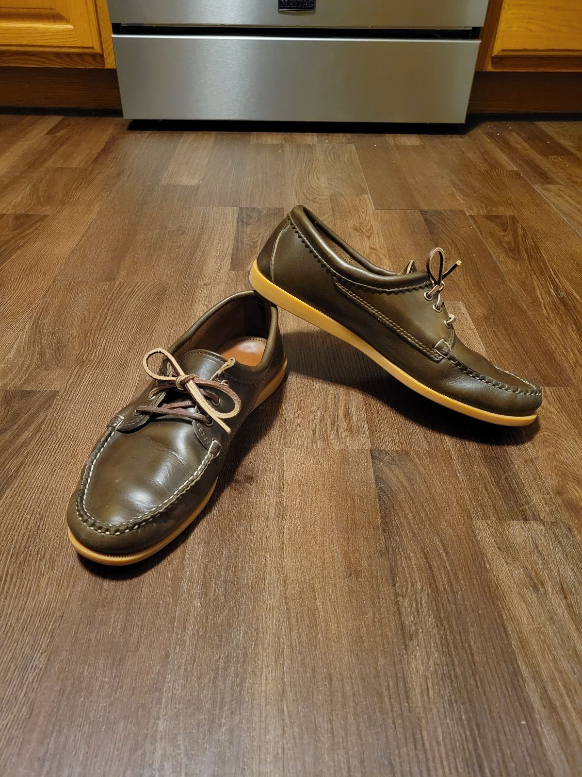 Photo by MagicBeardMan86 on January 3, 2024 of the Quoddy Blucher in Horween Olive Chromexcel.
