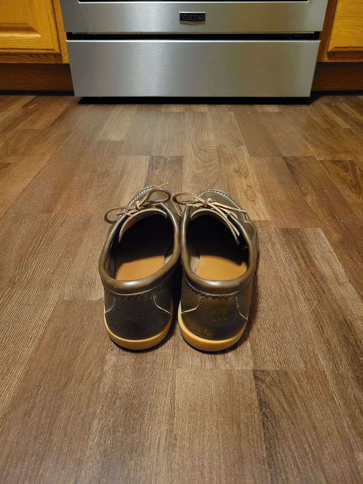 Photo by MagicBeardMan86 on January 3, 2024 of the Quoddy Blucher in Horween Olive Chromexcel.