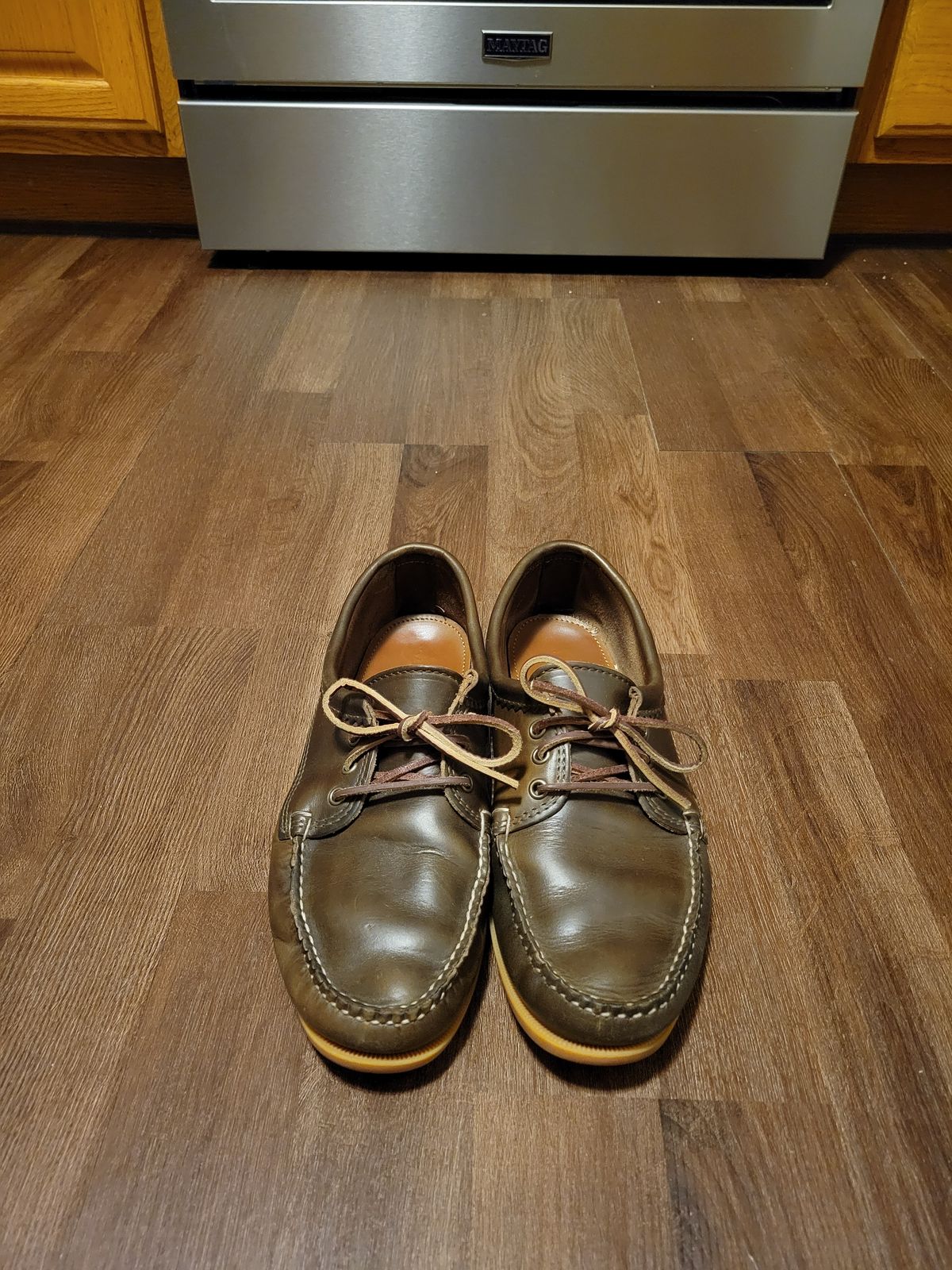 Photo by MagicBeardMan86 on January 3, 2024 of the Quoddy Blucher in Horween Olive Chromexcel.