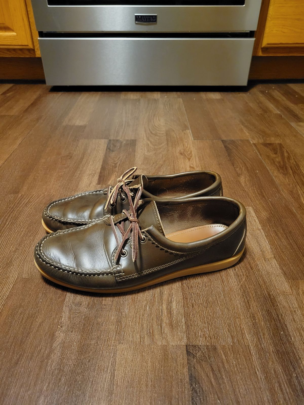 Photo by MagicBeardMan86 on January 3, 2024 of the Quoddy Blucher in Horween Olive Chromexcel.