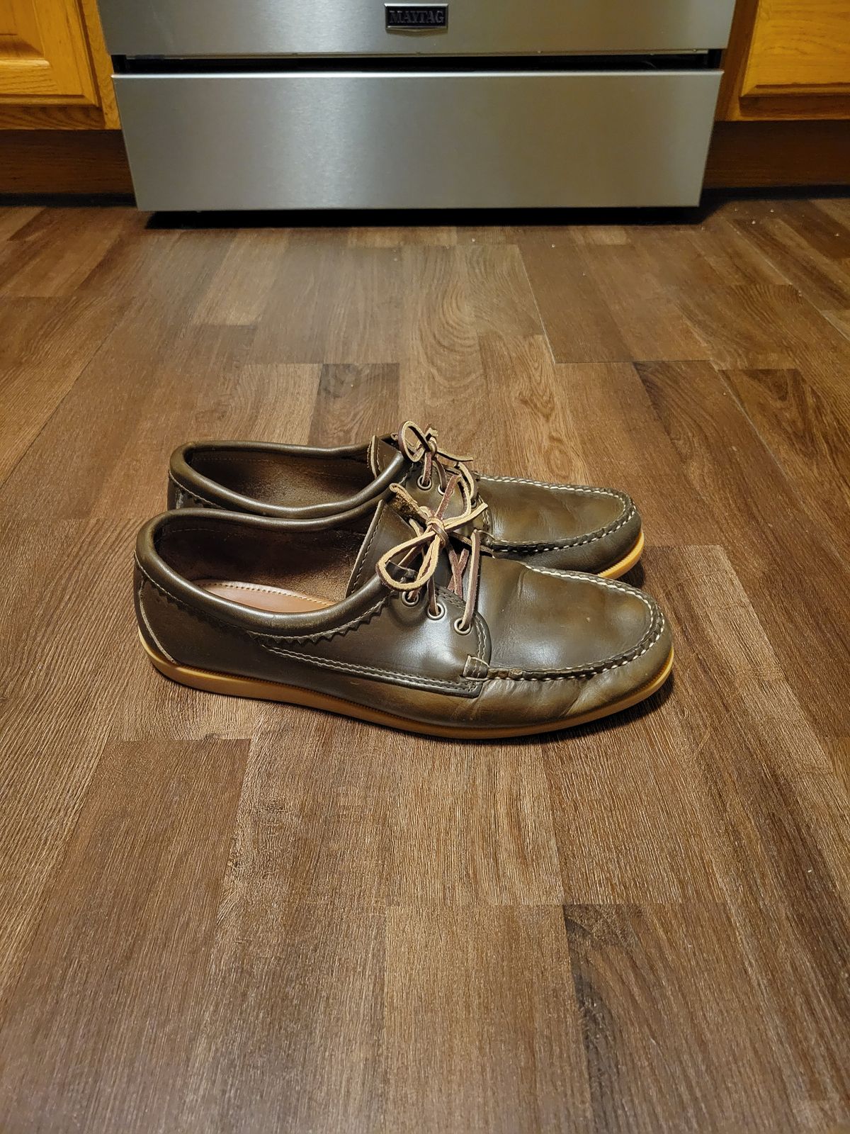 Photo by MagicBeardMan86 on January 3, 2024 of the Quoddy Blucher in Horween Olive Chromexcel.