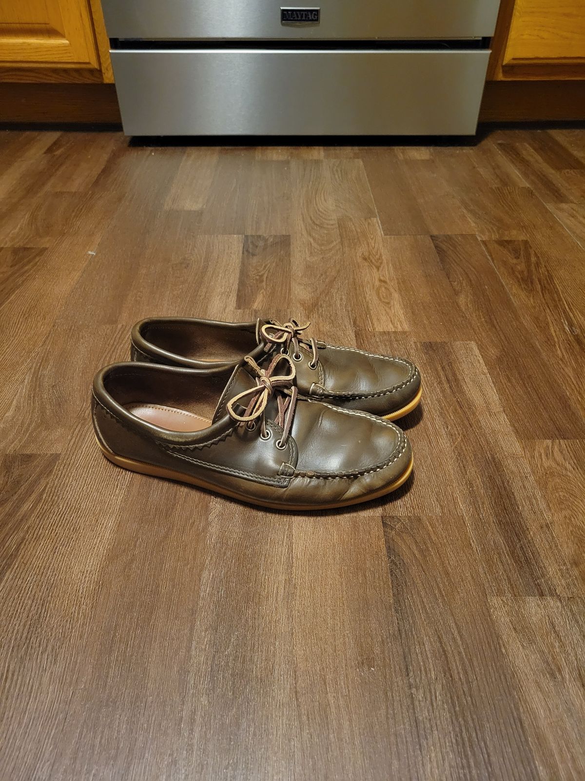 Photo by MagicBeardMan86 on February 1, 2024 of the Quoddy Blucher in Horween Olive Chromexcel.