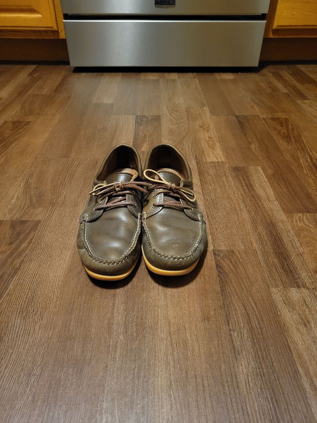 Photo by MagicBeardMan86 on March 4, 2024 of the Quoddy Blucher in Horween Olive Chromexcel.