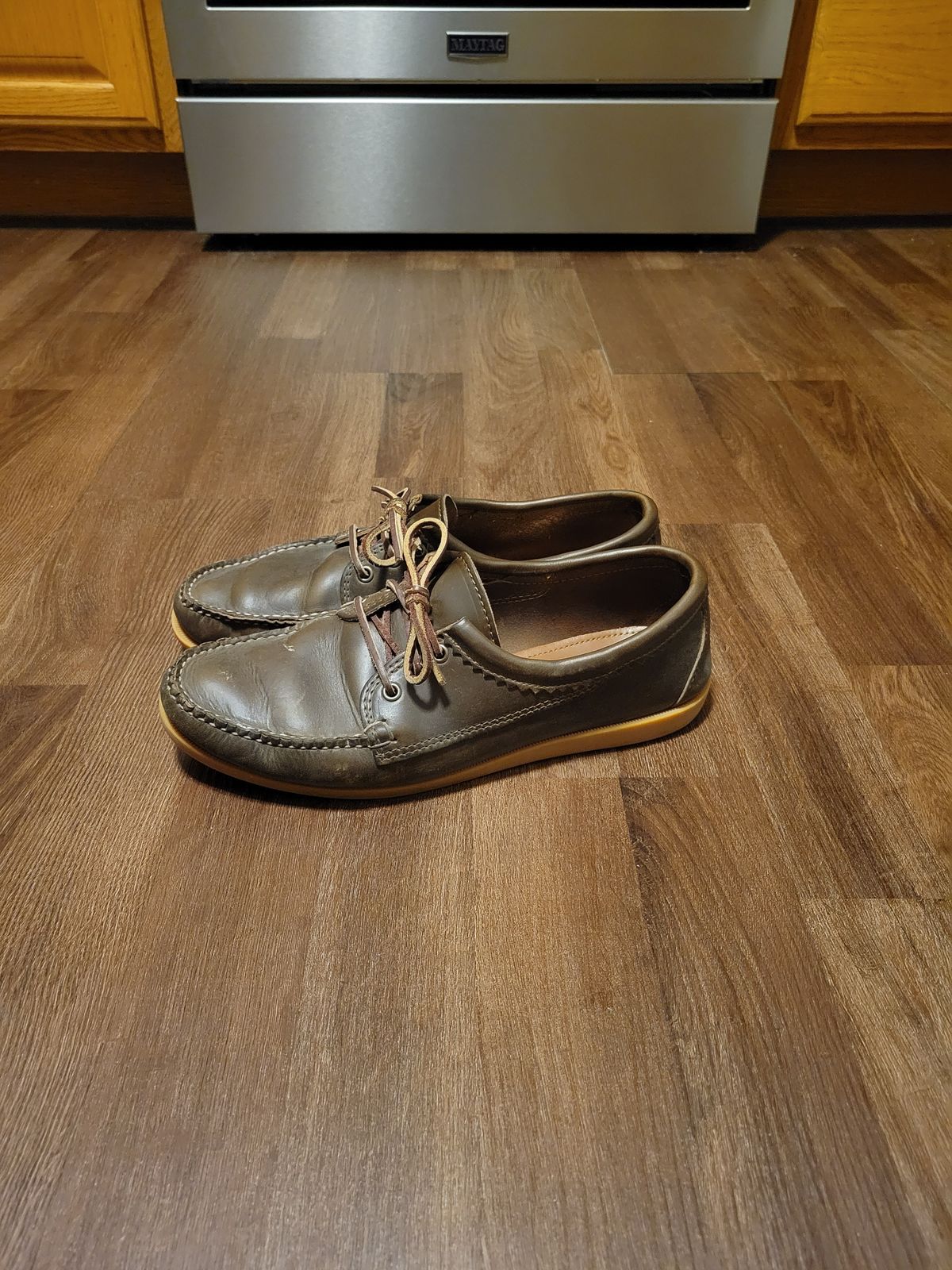 Photo by MagicBeardMan86 on March 4, 2024 of the Quoddy Blucher in Horween Olive Chromexcel.
