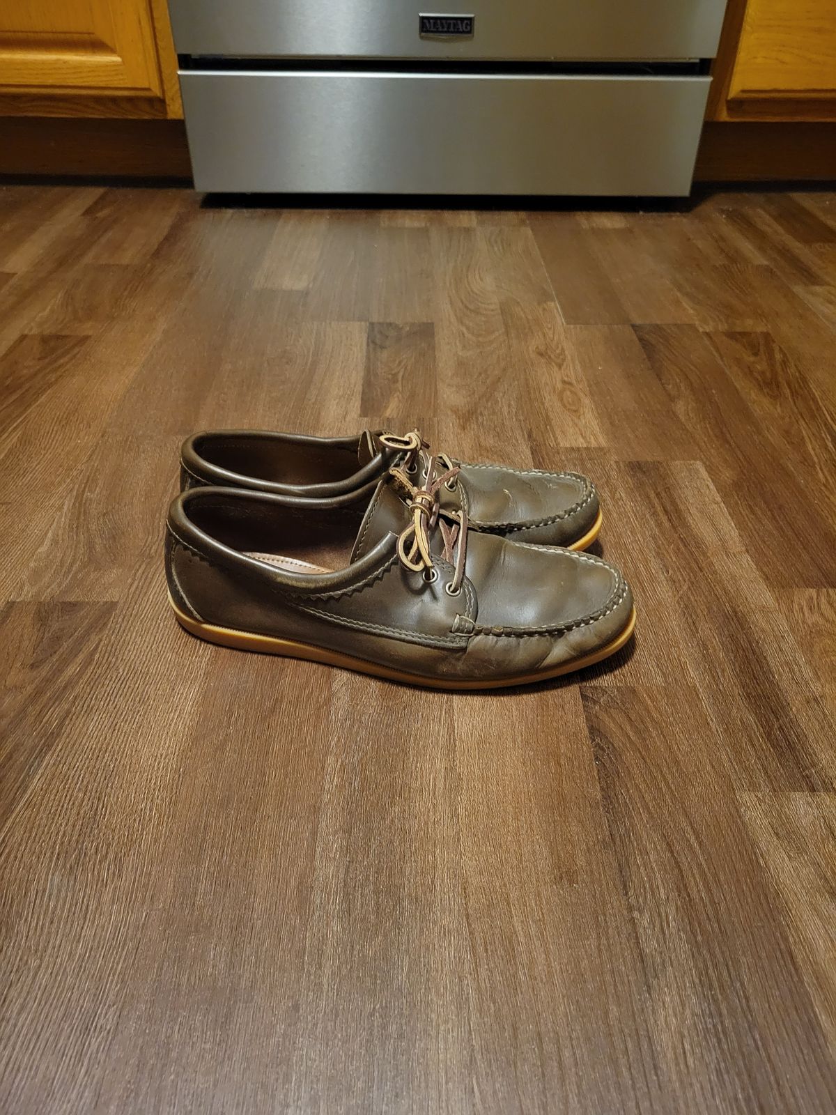 Photo by MagicBeardMan86 on March 4, 2024 of the Quoddy Blucher in Horween Olive Chromexcel.