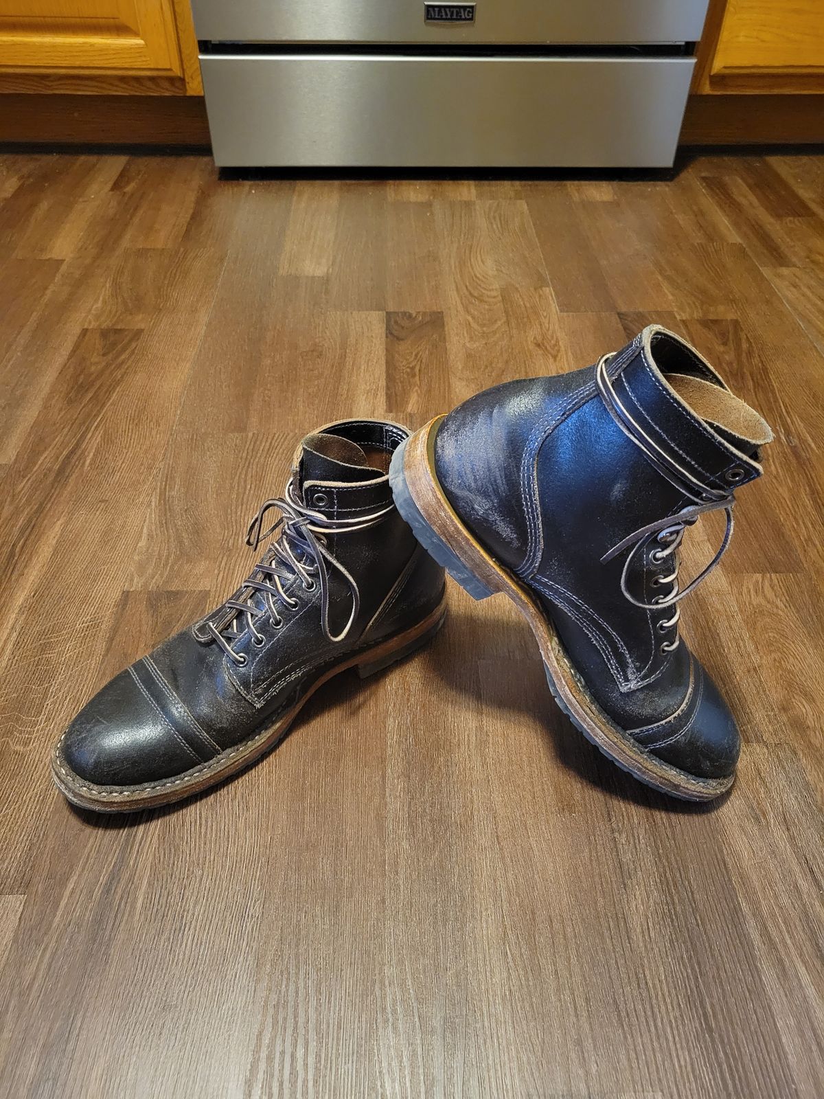 Photo by MagicBeardMan86 on February 5, 2024 of the White's MP-M1TC in Horween Black Waxed Flesh.