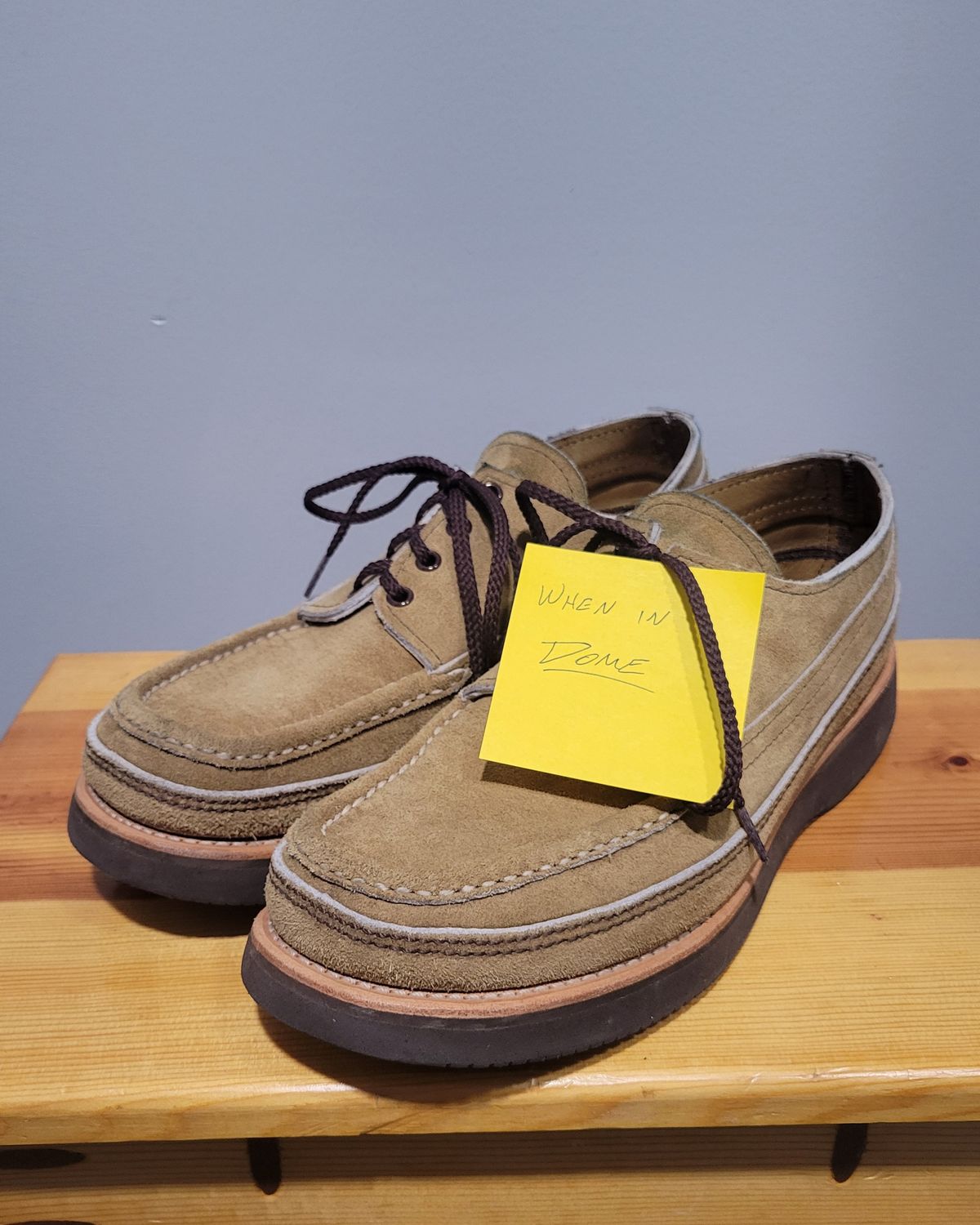Photo by MagicBeardMan86 on November 5, 2024 of the Russell Moccasin Co. Fishing Oxford in Tan Laramie Suede.