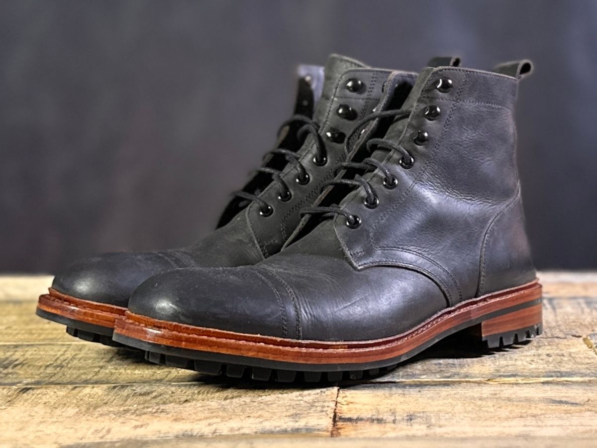 Photo by ChrisoftheW on December 7, 2024 of the Blkbrd Shoemaker Dixon Cap Toe Derby Boot in Black Pullup.