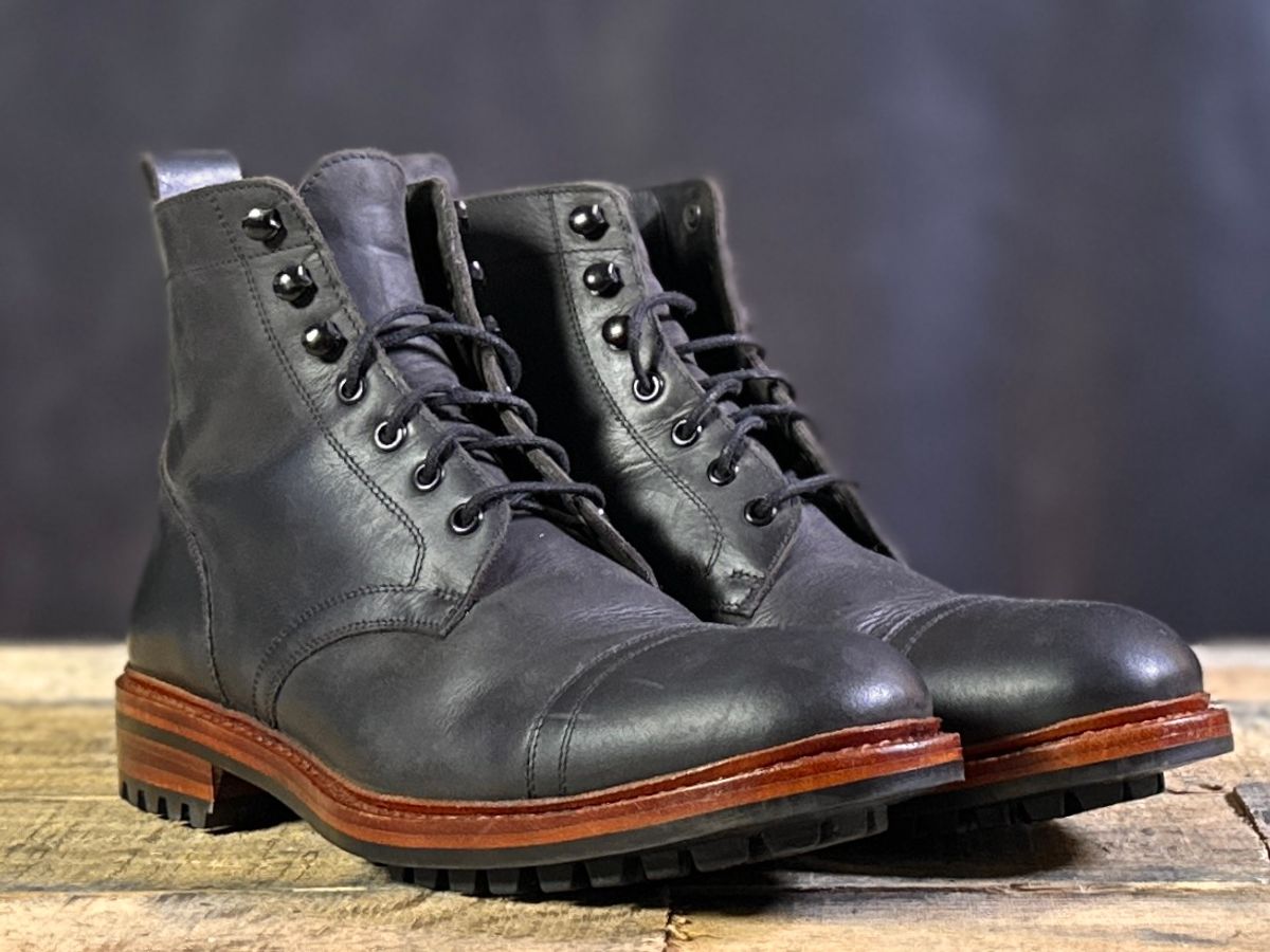 Photo by ChrisoftheW on December 7, 2024 of the Blkbrd Shoemaker Dixon Cap Toe Derby Boot in Black Pullup.