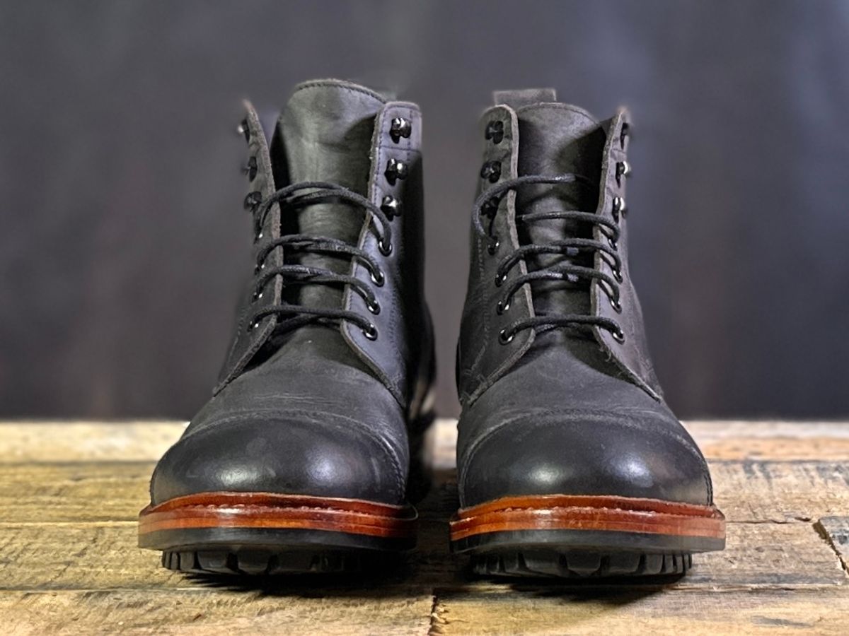 Photo by ChrisoftheW on December 7, 2024 of the Blkbrd Shoemaker Dixon Cap Toe Derby Boot in Black Pullup.