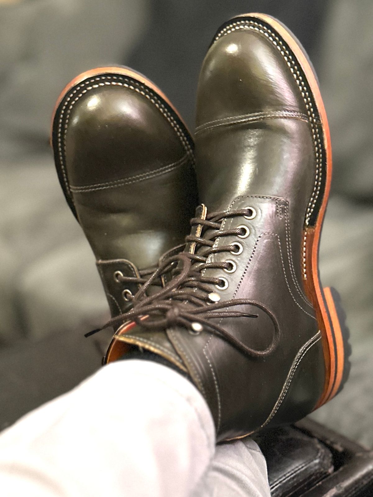 Photo by ChrisoftheW on October 24, 2023 of the Bordon Tukano Boots in Wickett & Craig Olive Oiled Latigo.