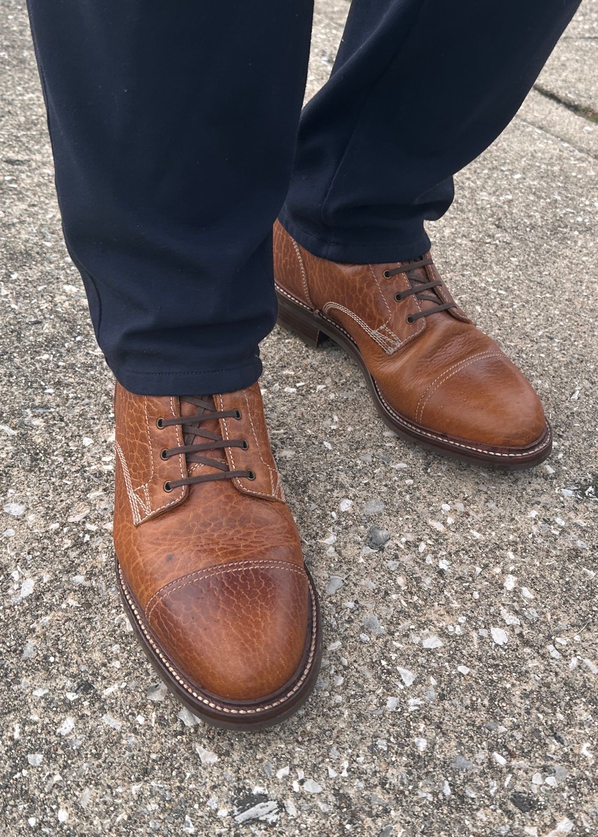 Photo by ChrisoftheW on July 11, 2024 of the Caswell Boot Company Potomac in Law Tanning Cognac Big Horn Shrunken Bison.