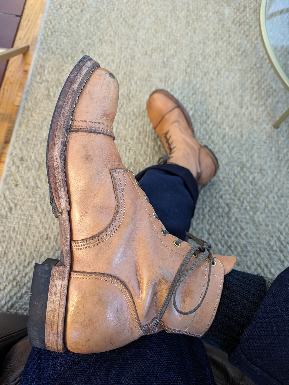 Photo by clefke on January 21, 2024 of the M.F. Boot Co Service Boot in Sepici Tumbled Waxed Natural Veg Tan.