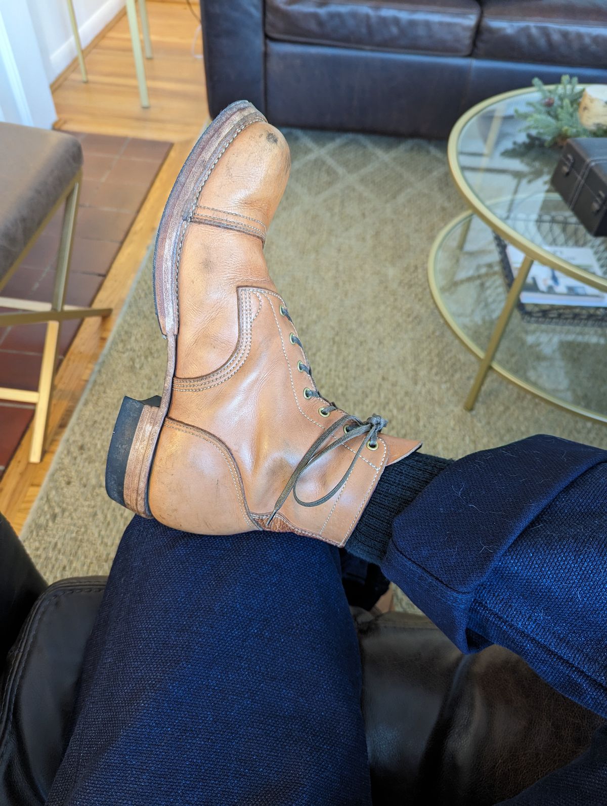 Photo by clefke on January 21, 2024 of the M.F. Boot Co Service Boot in Sepici Tumbled Waxed Natural Veg Tan.
