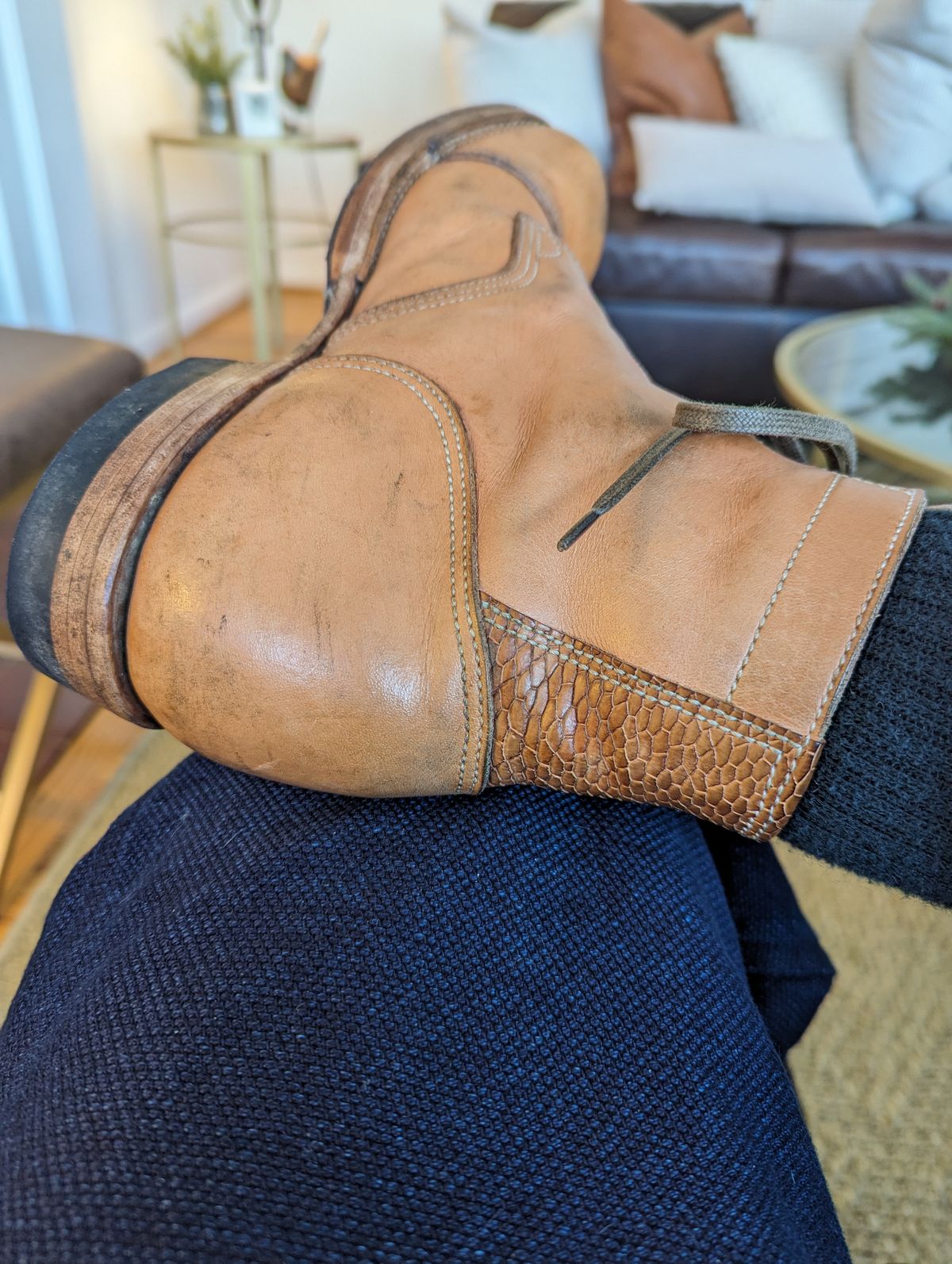 Photo by clefke on January 21, 2024 of the M.F. Boot Co Service Boot in Sepici Tumbled Waxed Natural Veg Tan.
