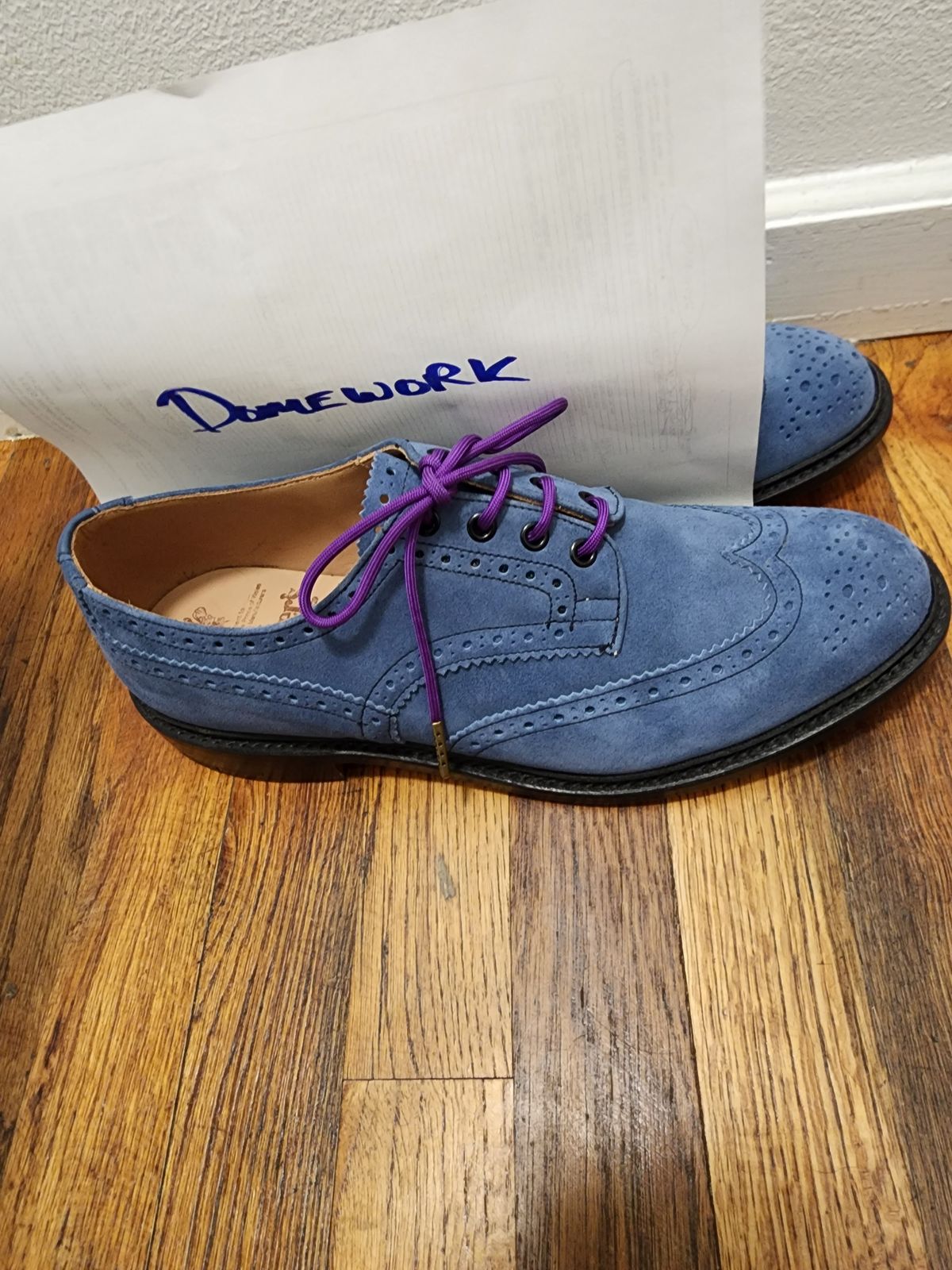 Photo by PrimordialOohs on October 5, 2022 of the Tricker's Bourton Country Shoe in Zonta Indigo Castorino Suede.