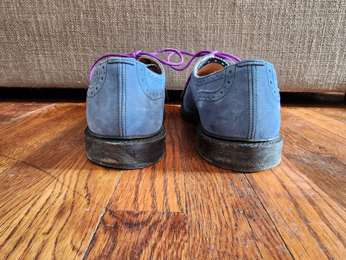 Photo by PrimordialOohs on December 5, 2022 of the Tricker's Bourton Country Shoe in Zonta Indigo Castorino Suede.