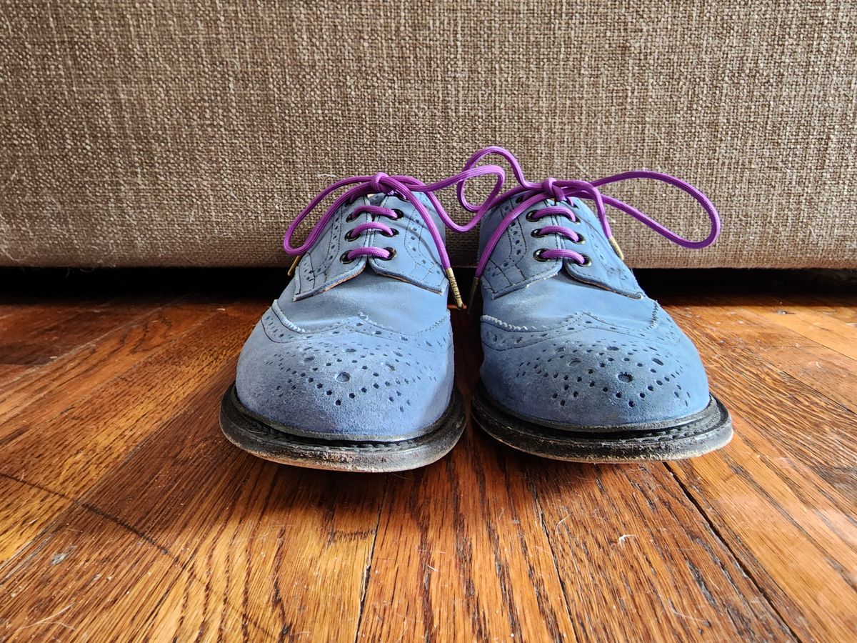 Photo by PrimordialOohs on December 5, 2022 of the Tricker's Bourton Country Shoe in Zonta Indigo Castorino Suede.