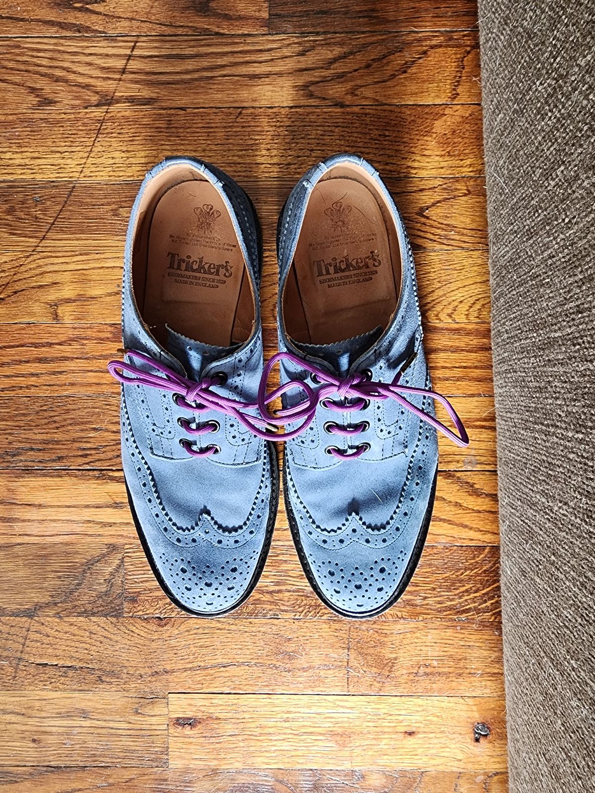 Photo by PrimordialOohs on December 5, 2022 of the Tricker's Bourton Country Shoe in Zonta Indigo Castorino Suede.