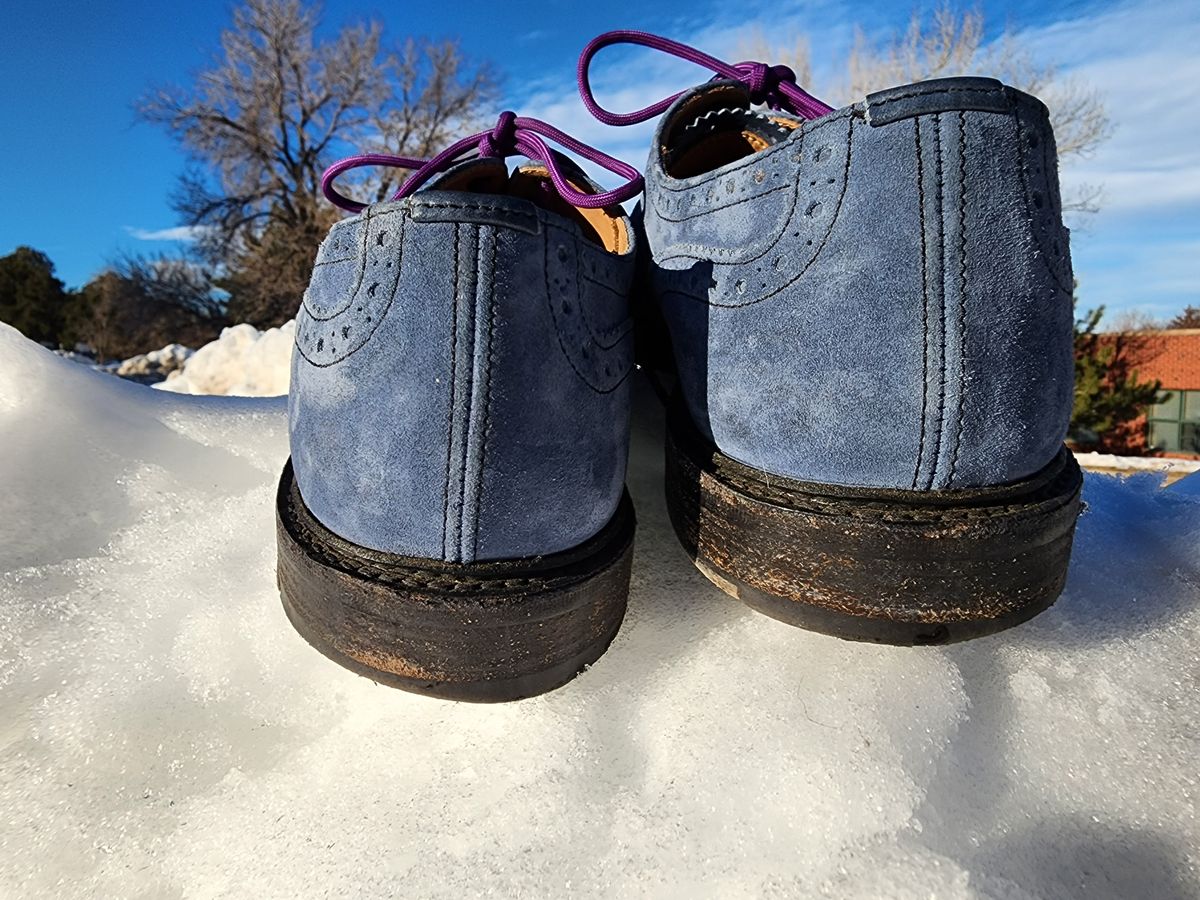Photo by PrimordialOohs on January 6, 2023 of the Tricker's Bourton Country Shoe in Zonta Indigo Castorino Suede.