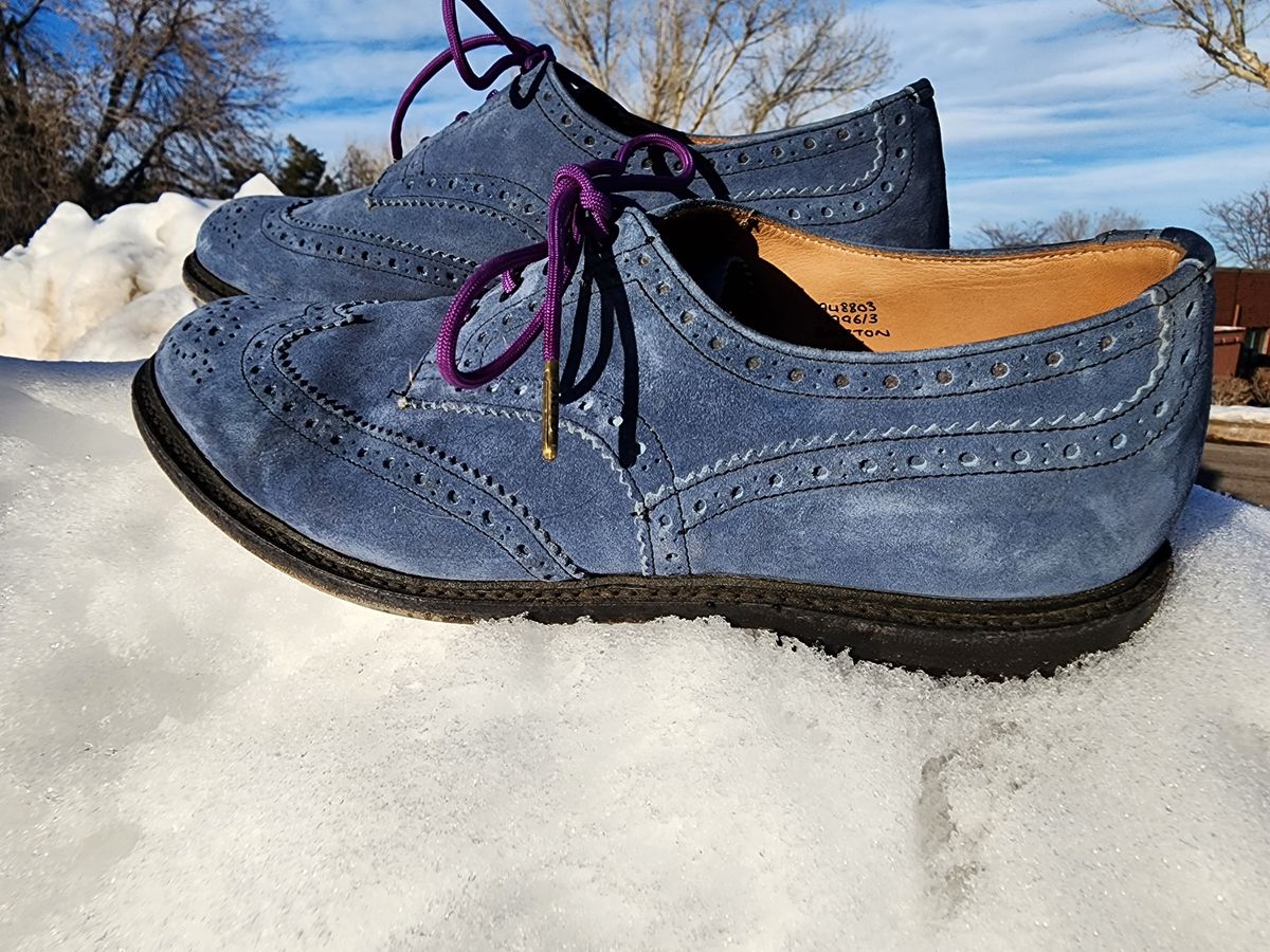 Photo by PrimordialOohs on January 6, 2023 of the Tricker's Bourton Country Shoe in Zonta Indigo Castorino Suede.