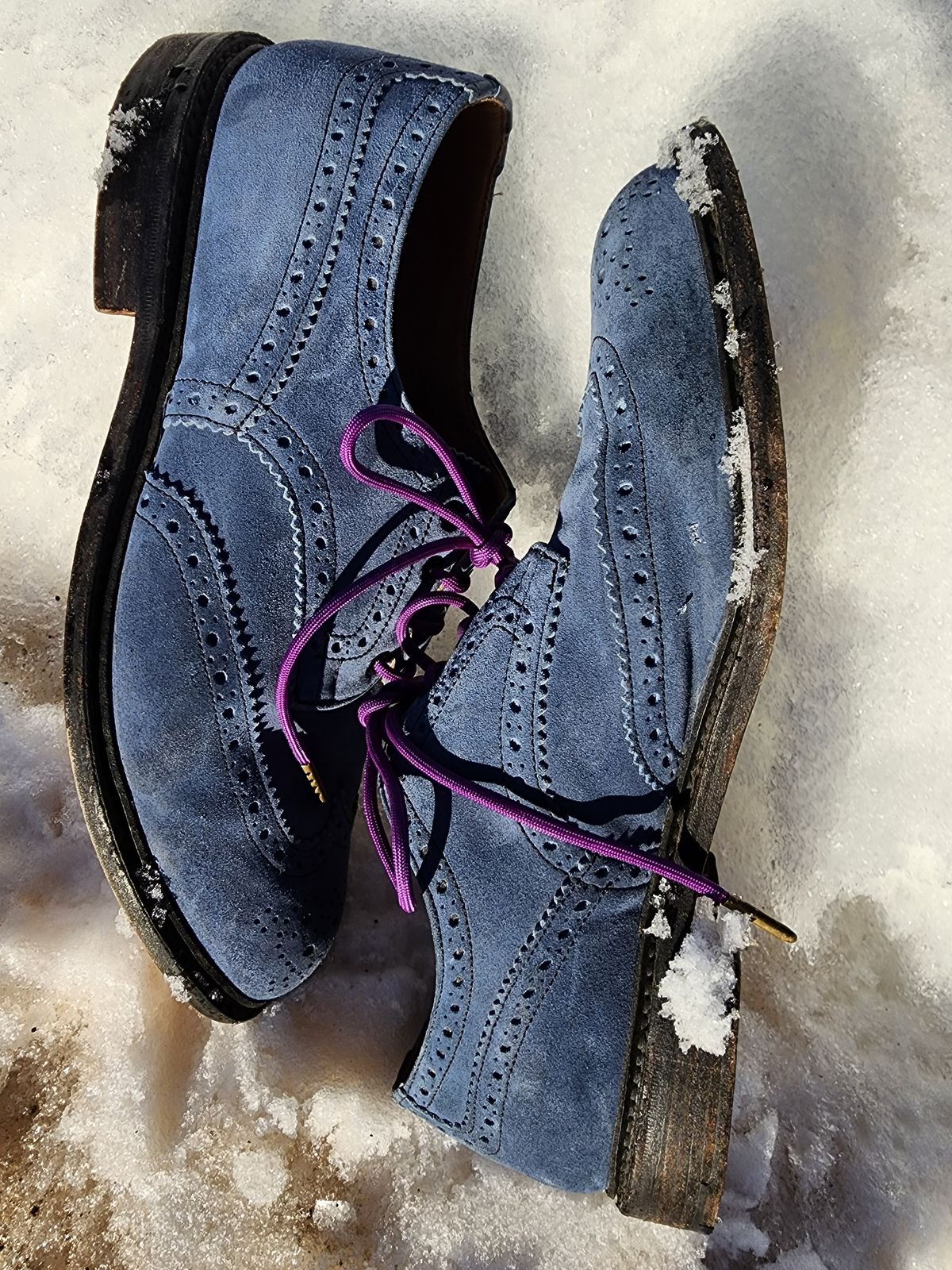 Photo by PrimordialOohs on January 6, 2023 of the Tricker's Bourton Country Shoe in Zonta Indigo Castorino Suede.