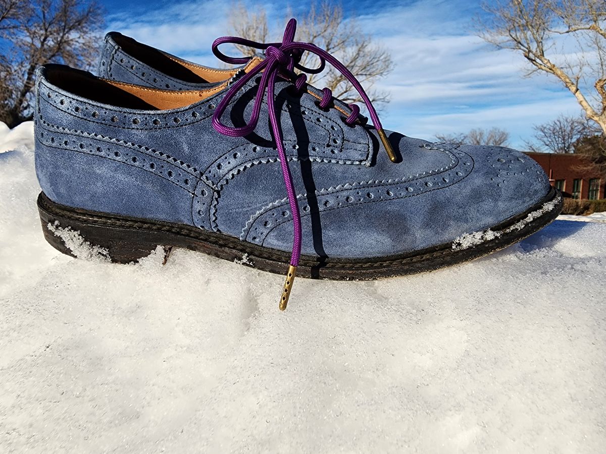 Photo by PrimordialOohs on January 6, 2023 of the Tricker's Bourton Country Shoe in Zonta Indigo Castorino Suede.