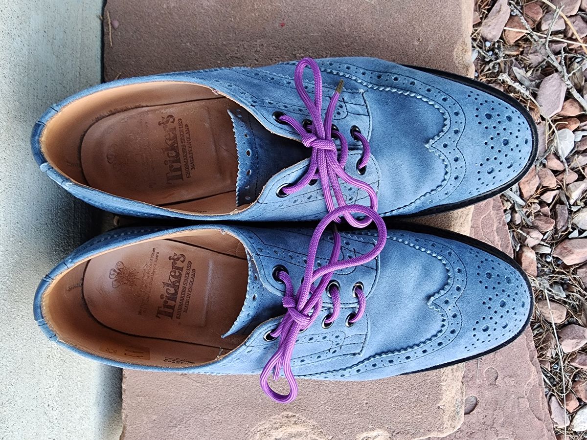 Photo by PrimordialOohs on February 6, 2023 of the Tricker's Bourton Country Shoe in Zonta Indigo Castorino Suede.