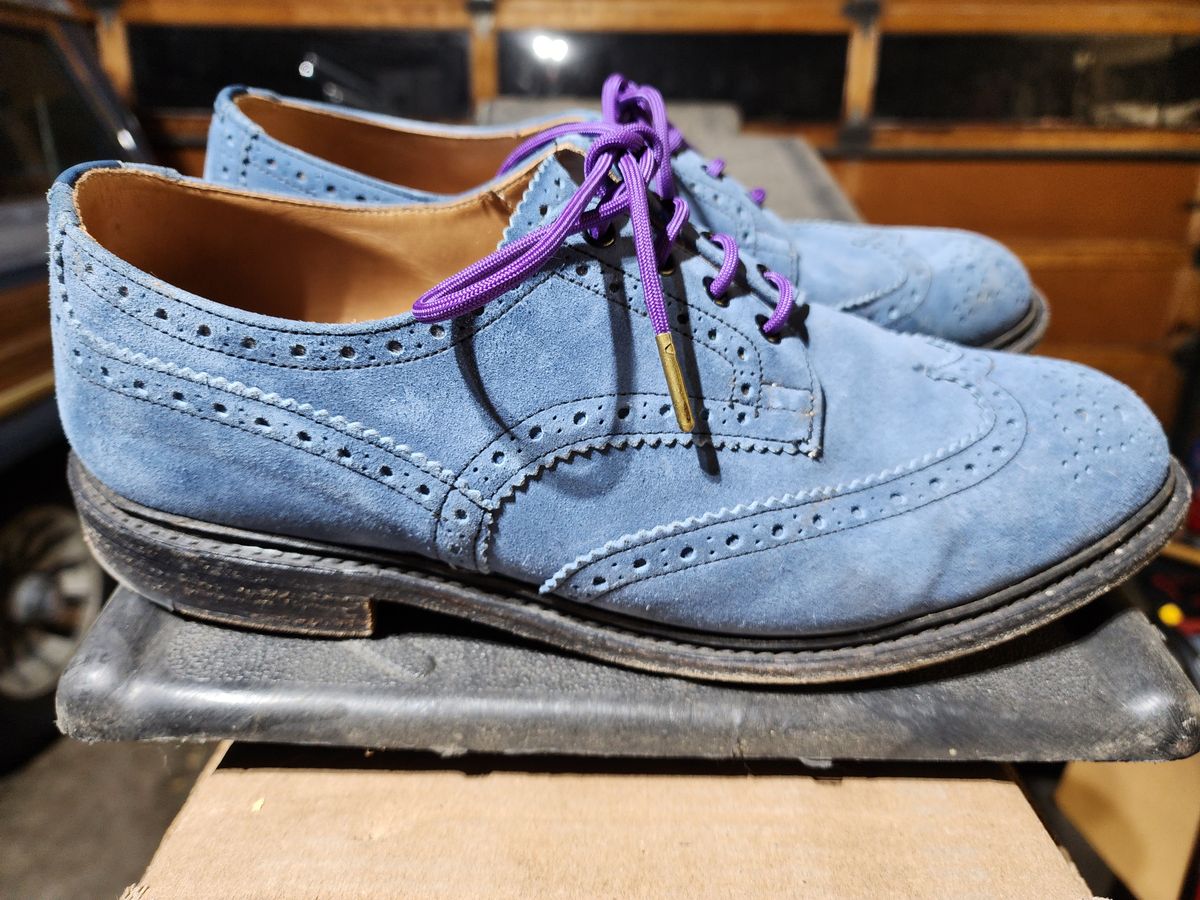 Photo by PrimordialOohs on March 6, 2023 of the Tricker's Bourton Country Shoe in Zonta Indigo Castorino Suede.