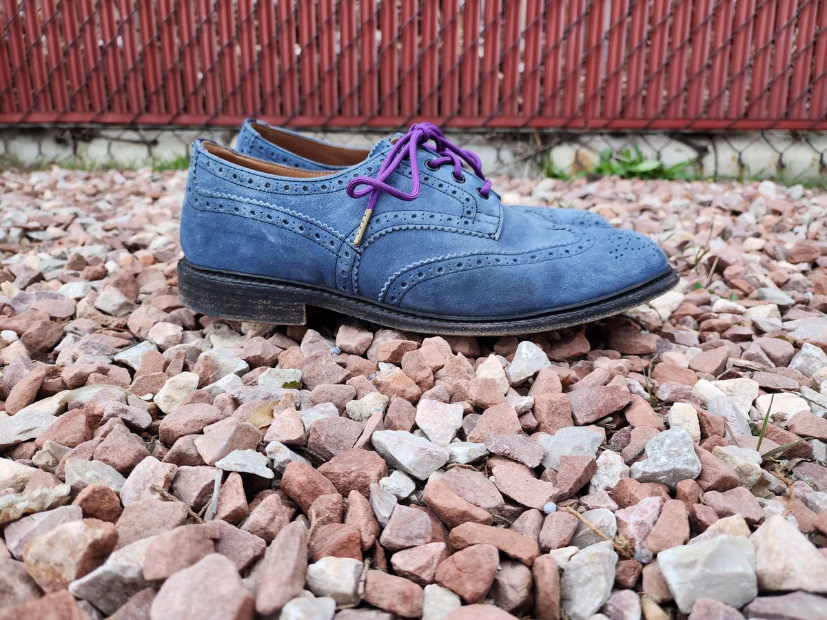 Photo by PrimordialOohs on April 6, 2023 of the Tricker's Bourton Country Shoe in Zonta Indigo Castorino Suede.