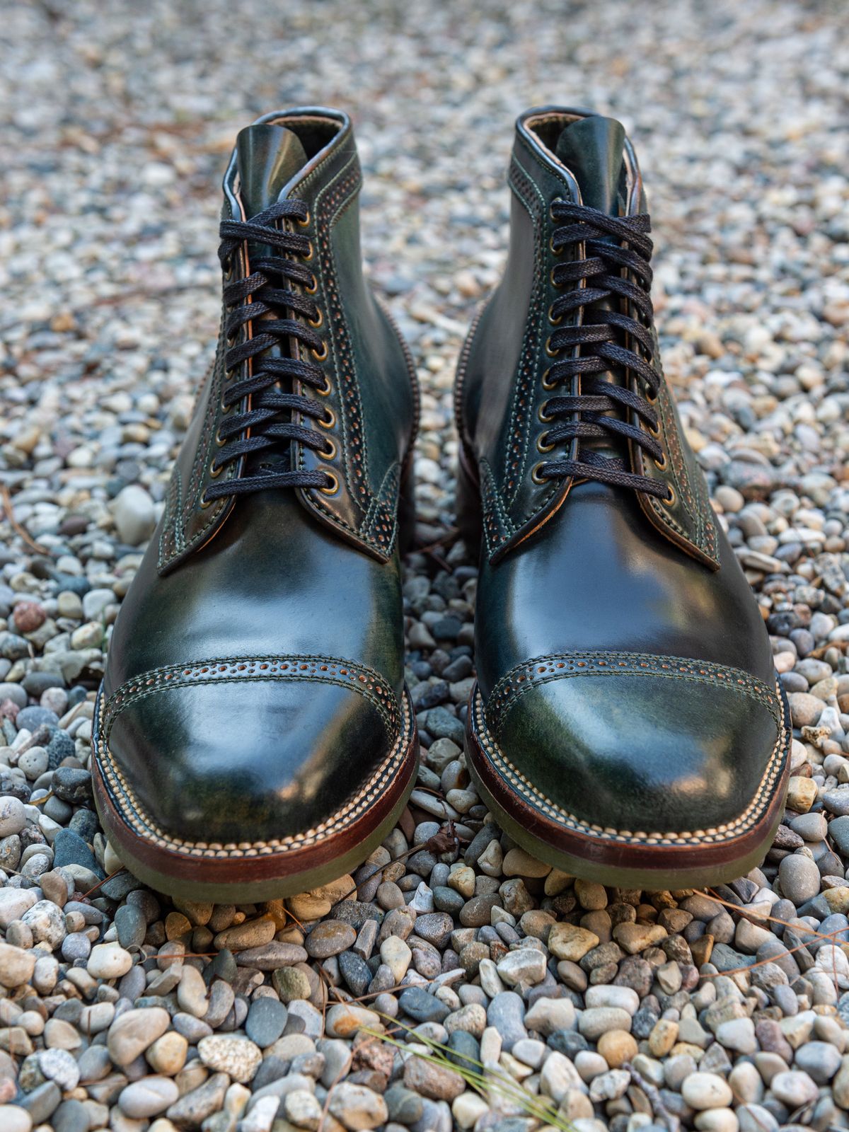 Photo by weathered.hide on October 2, 2022 of the Flame Panda Brogue Cap Toe Service Boot in Horween Marbled Black Shell Cordovan.