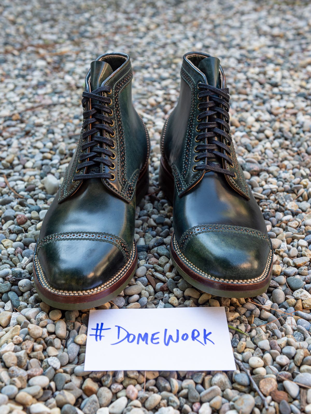Photo by weathered.hide on October 2, 2022 of the Flame Panda Brogue Cap Toe Service Boot in Horween Marbled Black Shell Cordovan.