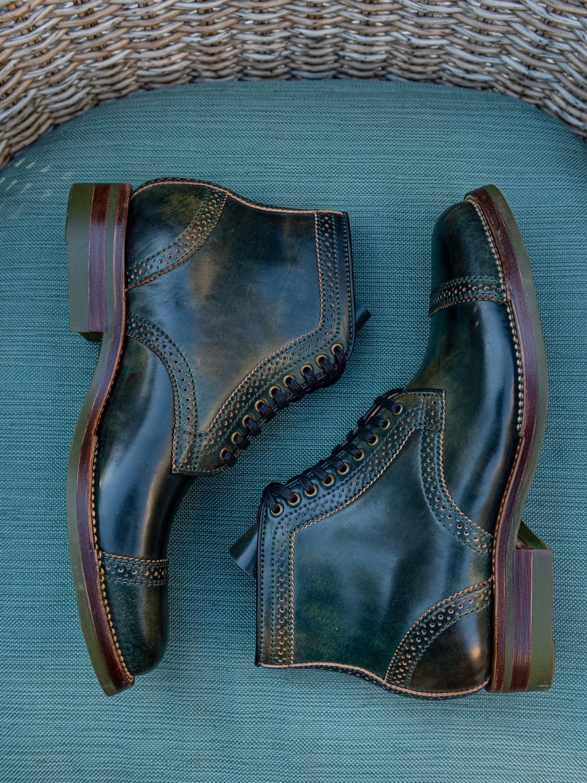 Photo by weathered.hide on October 2, 2022 of the Flame Panda Brogue Cap Toe Service Boot in Horween Marbled Black Shell Cordovan.