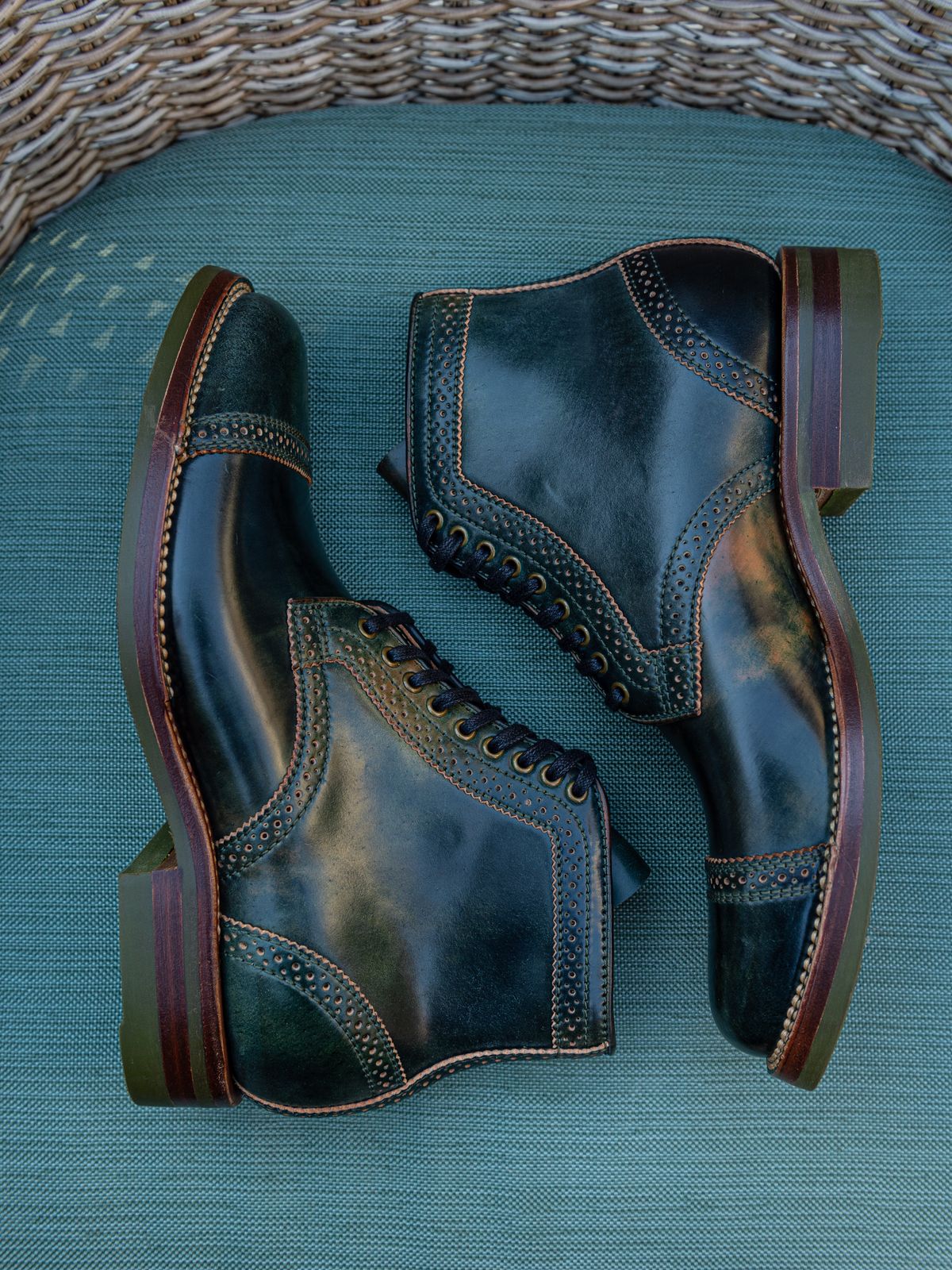 Photo by weathered.hide on October 2, 2022 of the Flame Panda Brogue Cap Toe Service Boot in Horween Marbled Black Shell Cordovan.