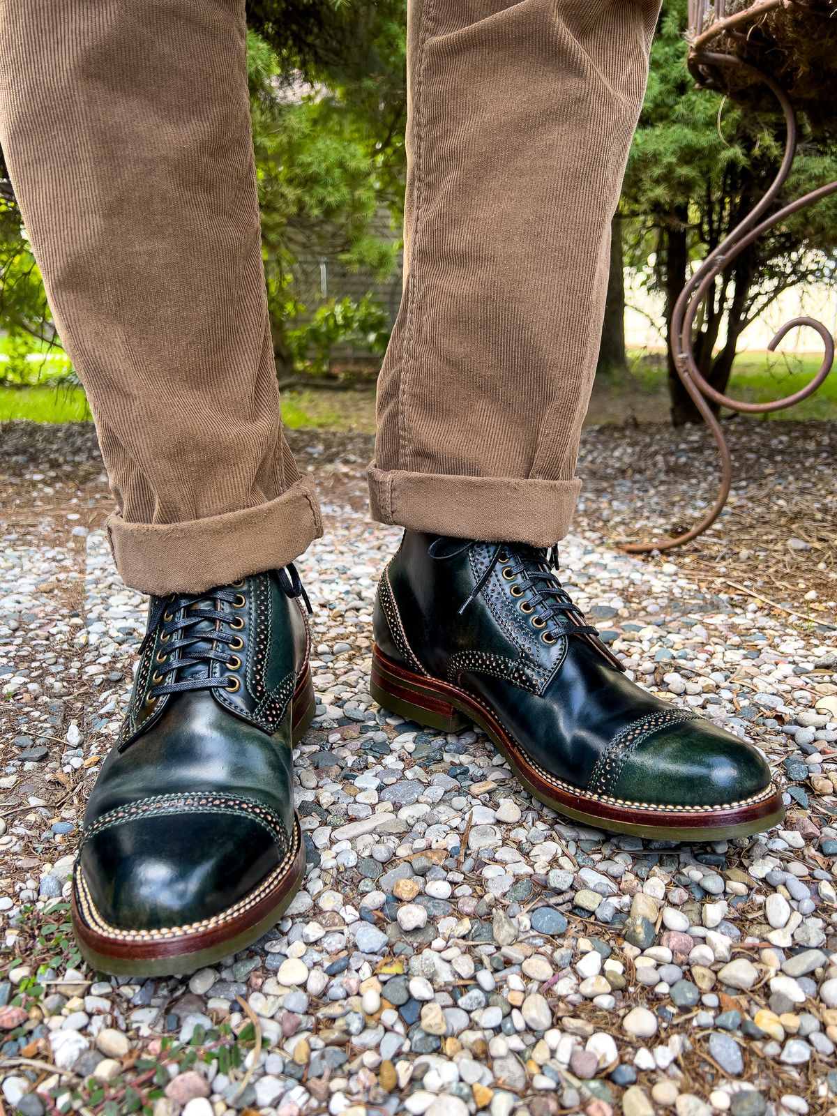 Photo by weathered.hide on October 11, 2022 of the Flame Panda Brogue Cap Toe Service Boot in Horween Marbled Black Shell Cordovan.