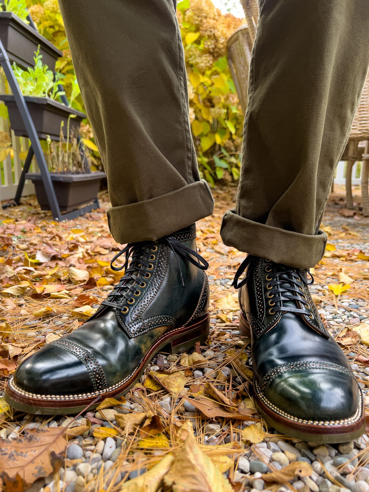 Photo by weathered.hide on October 24, 2022 of the Flame Panda Brogue Cap Toe Service Boot in Horween Marbled Black Shell Cordovan.