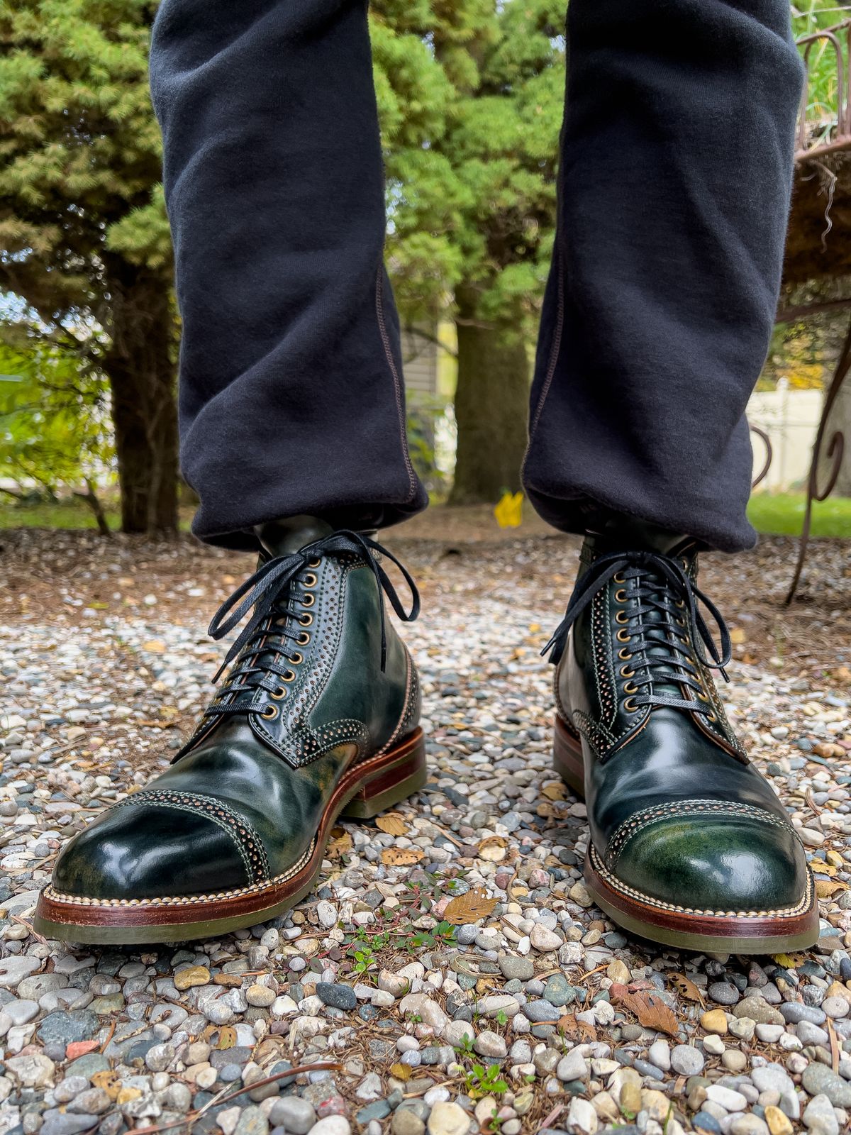 Photo by weathered.hide on October 30, 2022 of the Flame Panda Brogue Cap Toe Service Boot in Horween Marbled Black Shell Cordovan.