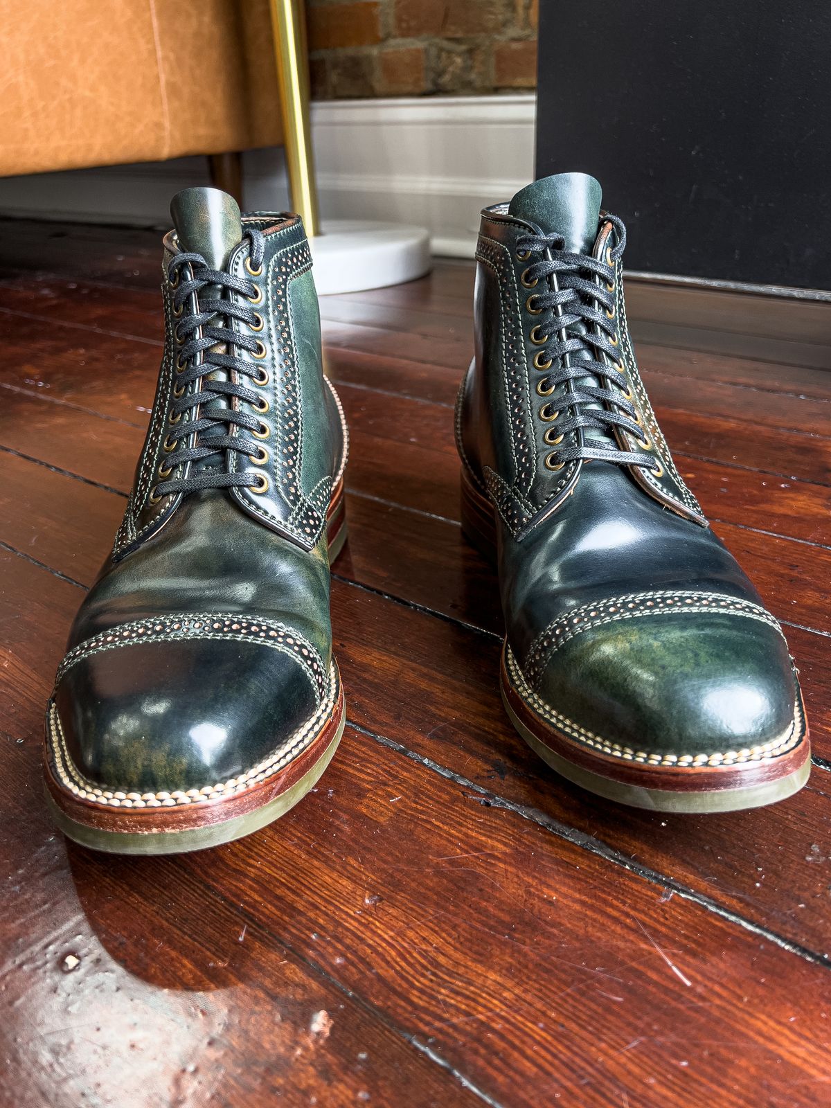 Photo by weathered.hide on November 5, 2022 of the Flame Panda Brogue Cap Toe Service Boot in Horween Marbled Black Shell Cordovan.