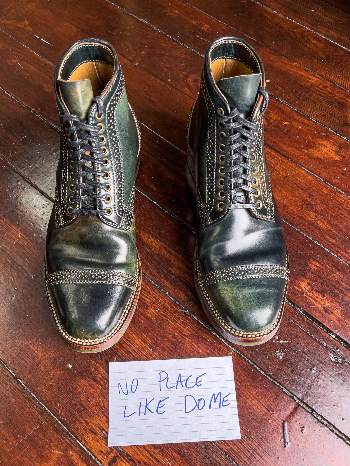 Photo by weathered.hide on November 5, 2022 of the Flame Panda Brogue Cap Toe Service Boot in Horween Marbled Black Shell Cordovan.