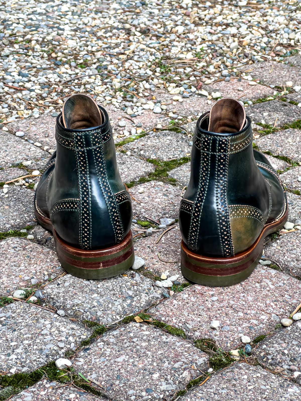 Photo by weathered.hide on December 6, 2022 of the Flame Panda Brogue Cap Toe Service Boot in Horween Marbled Black Shell Cordovan.