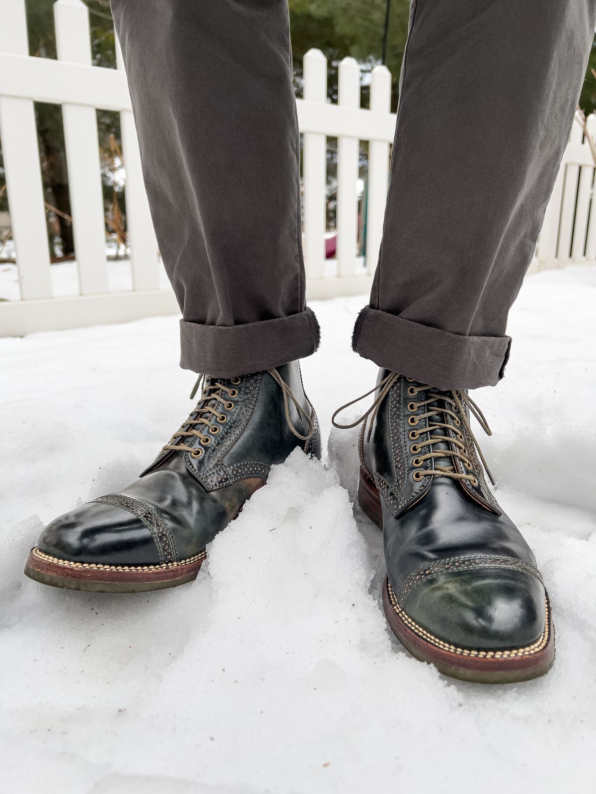 Photo by weathered.hide on February 6, 2023 of the Flame Panda Brogue Cap Toe Service Boot in Horween Marbled Black Shell Cordovan.