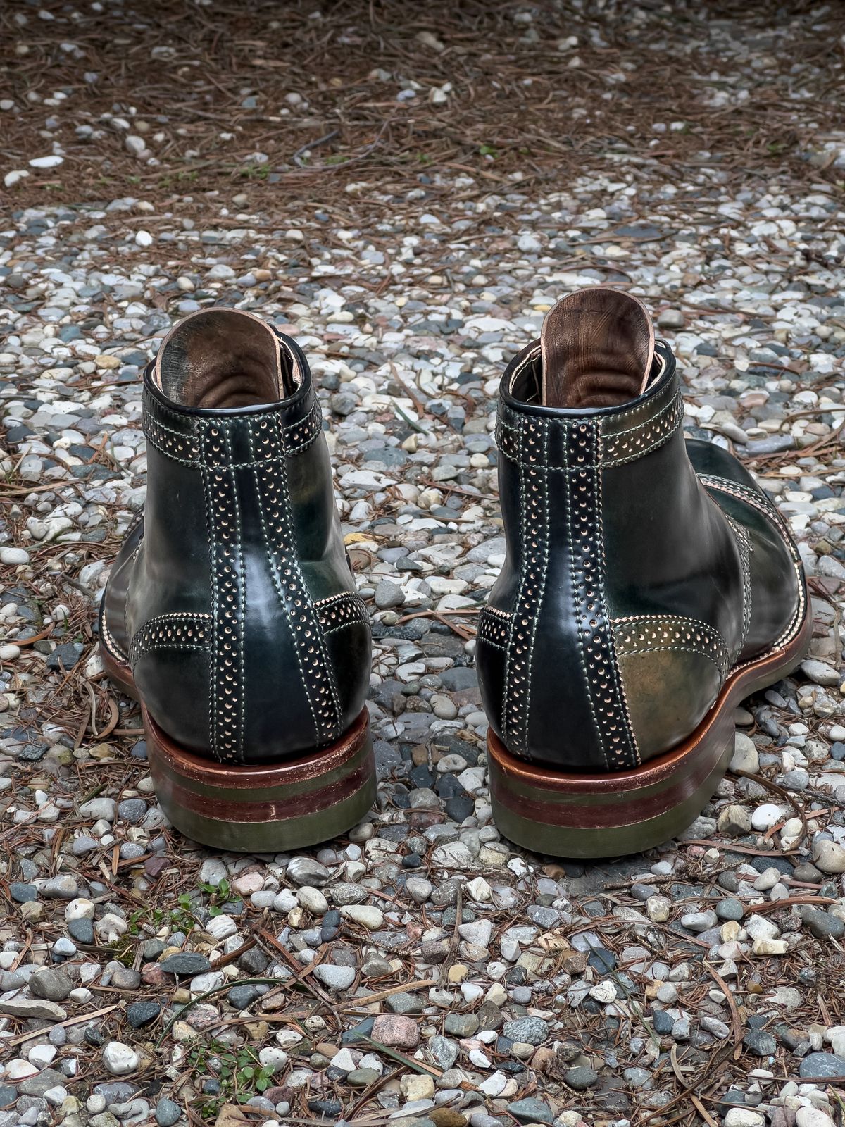 Photo by weathered.hide on March 5, 2023 of the Flame Panda Brogue Cap Toe Service Boot in Horween Marbled Black Shell Cordovan.