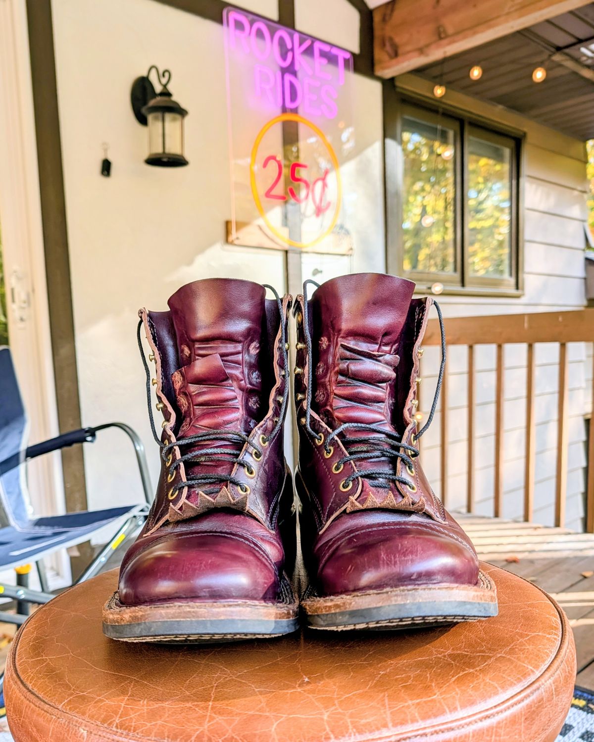 Photo by workwearfit on November 2, 2025 of the White's Bounty Hunter in Horween Burgundy Chromexcel Horsehide.